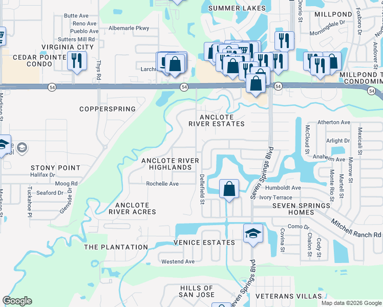 map of restaurants, bars, coffee shops, grocery stores, and more near 6946 Ringgold Avenue in New Port Richey