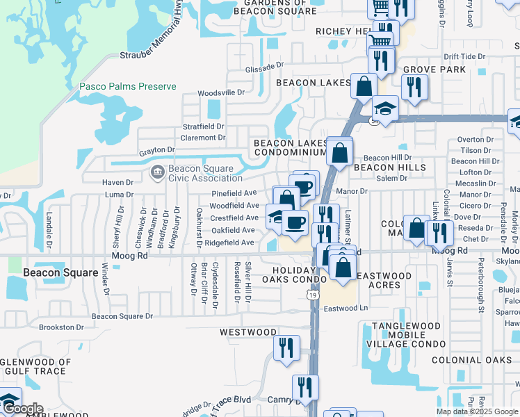 map of restaurants, bars, coffee shops, grocery stores, and more near 4310 Woodfield Ave in Holiday