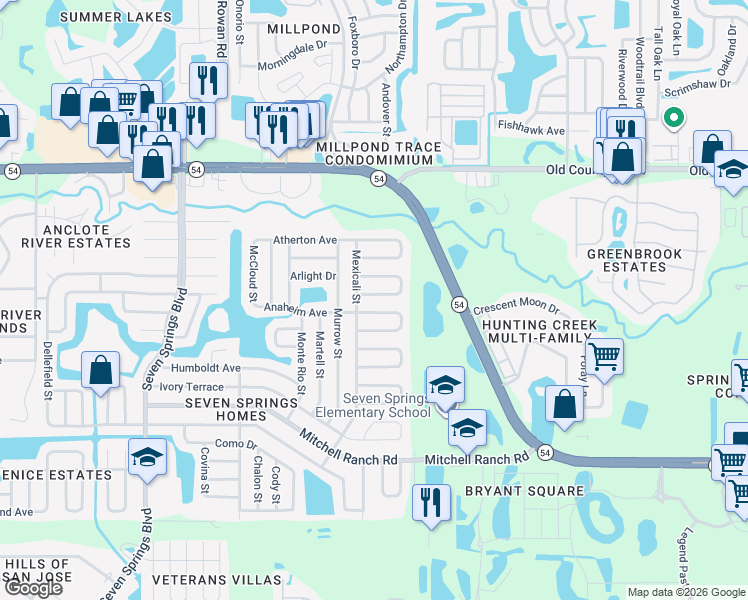 map of restaurants, bars, coffee shops, grocery stores, and more near 7838 Avenal Loop in New Port Richey