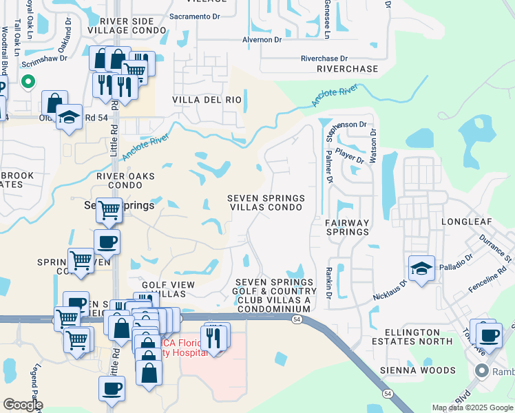map of restaurants, bars, coffee shops, grocery stores, and more near 3641 Trophy Boulevard in New Port Richey