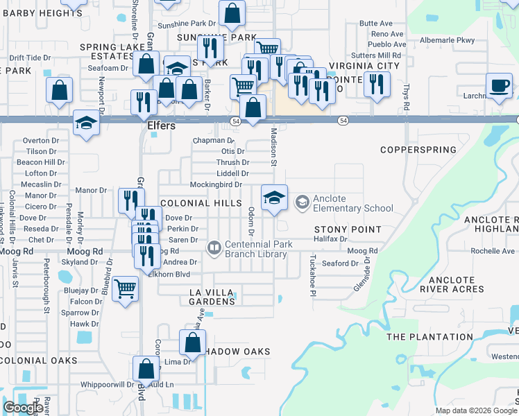 map of restaurants, bars, coffee shops, grocery stores, and more near 3626 Cockatoo Drive in Port Richey