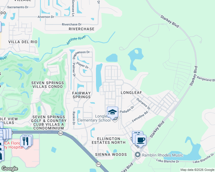 map of restaurants, bars, coffee shops, grocery stores, and more near 3626 Buffett Street in New Port Richey