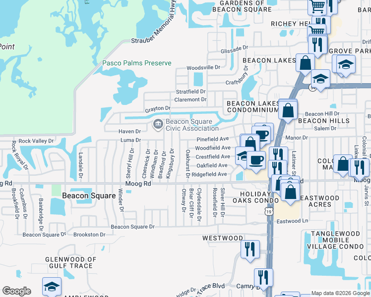 map of restaurants, bars, coffee shops, grocery stores, and more near 3636 Kimberly Oaks Drive in Holiday