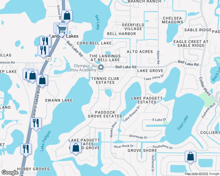 map of restaurants, bars, coffee shops, grocery stores, and more near Coldstream Road in Land O' Lakes