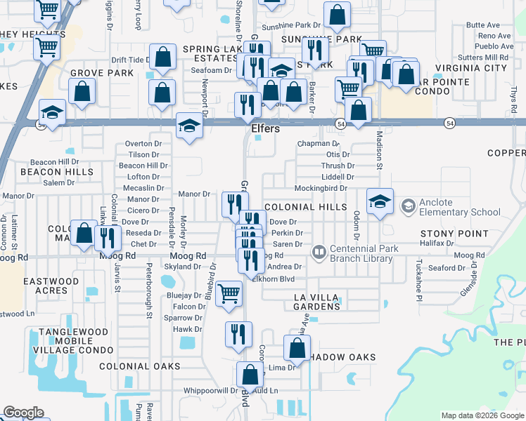 map of restaurants, bars, coffee shops, grocery stores, and more near 5465 Chipper Drive in New Port Richey
