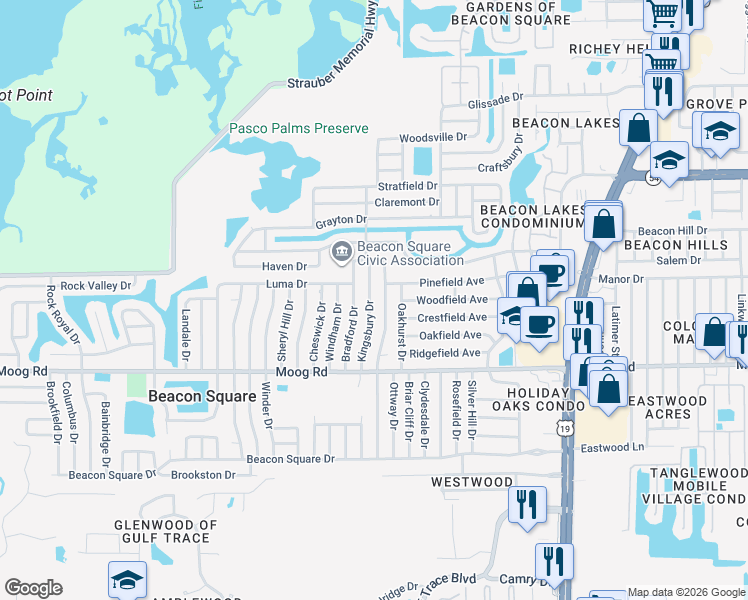 map of restaurants, bars, coffee shops, grocery stores, and more near 3644 Kingsbury Drive in Holiday