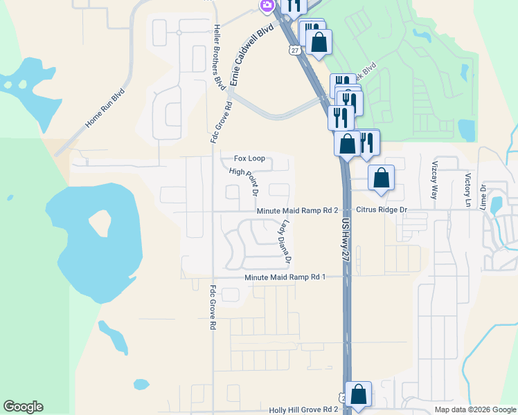 map of restaurants, bars, coffee shops, grocery stores, and more near 100 High Point Drive in Davenport