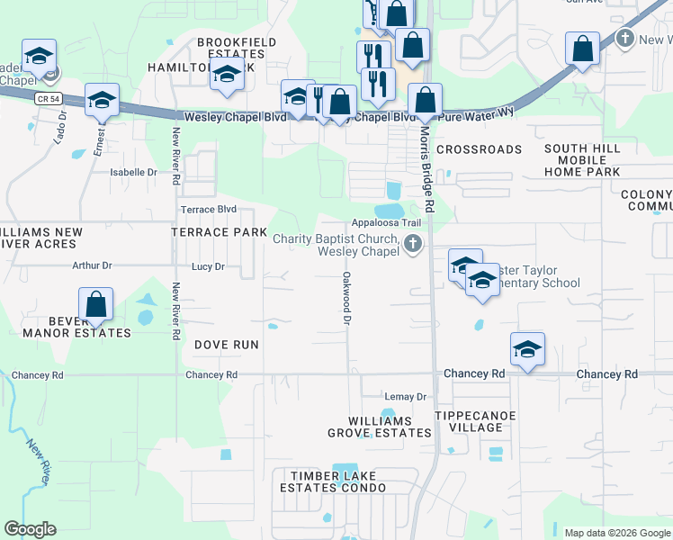 map of restaurants, bars, coffee shops, grocery stores, and more near 3737 Oakwood Drive in Zephyrhills