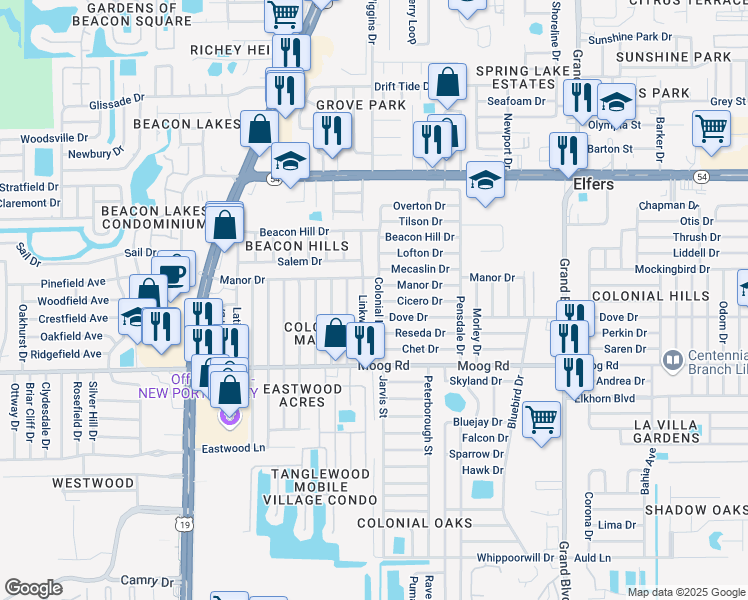map of restaurants, bars, coffee shops, grocery stores, and more near 3639 Colonial Hills Drive in New Port Richey