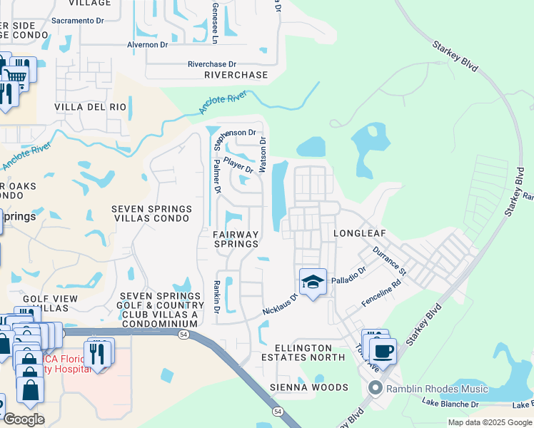 map of restaurants, bars, coffee shops, grocery stores, and more near 3618 Player Drive in New Port Richey