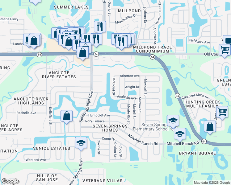 map of restaurants, bars, coffee shops, grocery stores, and more near 3631 Mendocino Street in New Port Richey