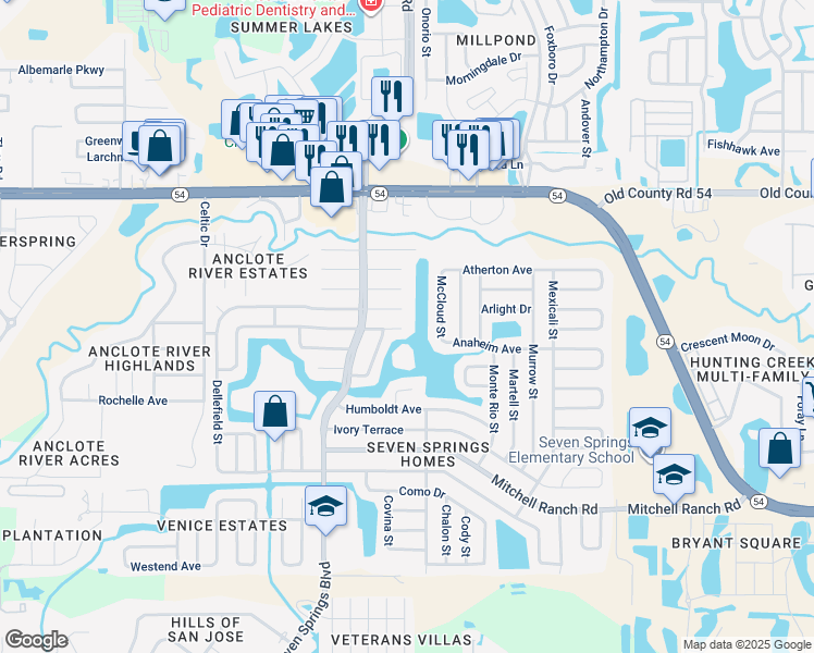 map of restaurants, bars, coffee shops, grocery stores, and more near 7445 Daggett Terrace in New Port Richey