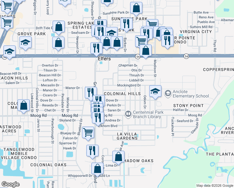 map of restaurants, bars, coffee shops, grocery stores, and more near 5645 Chipper Drive in New Port Richey
