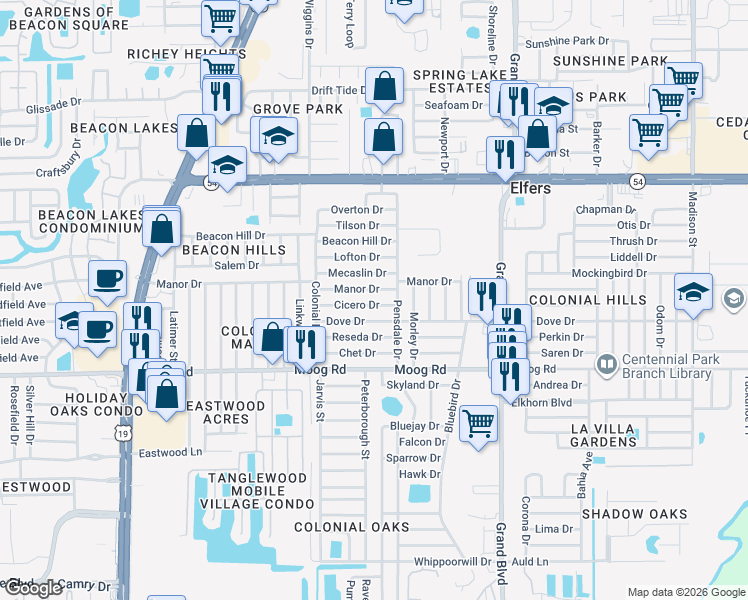 map of restaurants, bars, coffee shops, grocery stores, and more near 5120 Cicero Drive in New Port Richey