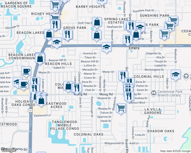 map of restaurants, bars, coffee shops, grocery stores, and more near 5120 Cicero Drive in New Port Richey
