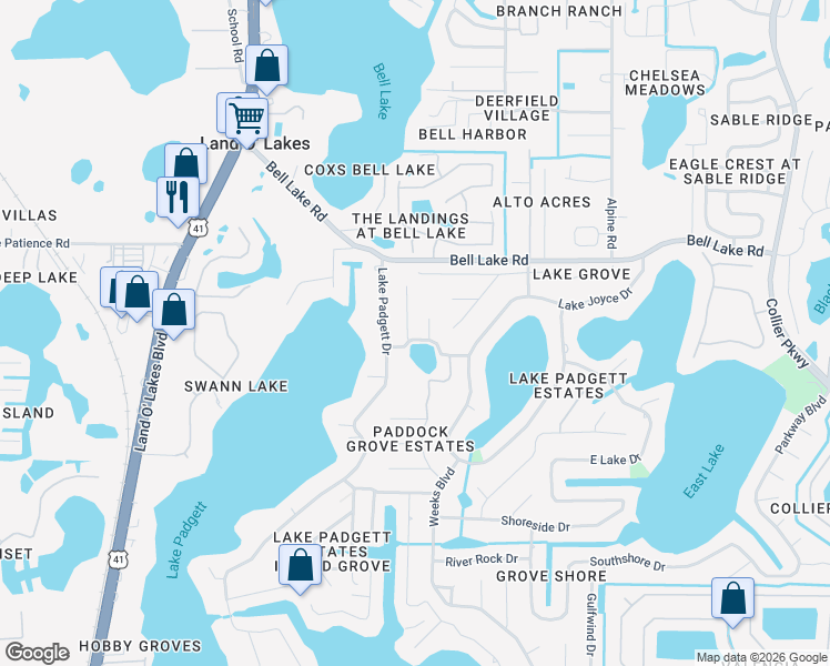 map of restaurants, bars, coffee shops, grocery stores, and more near 3816 Fieldflower Court in Land O' Lakes