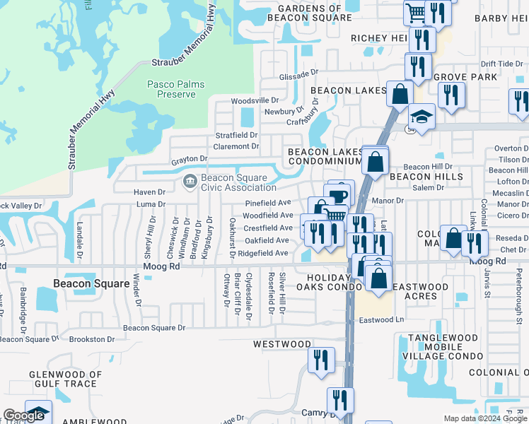 map of restaurants, bars, coffee shops, grocery stores, and more near 4203 Woodfield Avenue in Holiday
