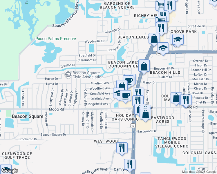 map of restaurants, bars, coffee shops, grocery stores, and more near 4251 Woodfield Avenue in Holiday