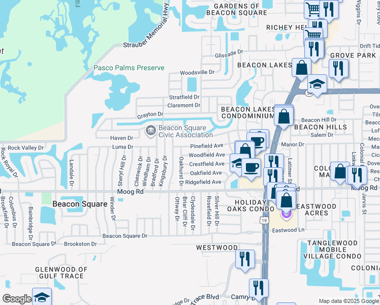 map of restaurants, bars, coffee shops, grocery stores, and more near 4117 Woodfield Avenue in Holiday