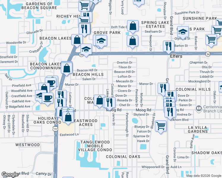map of restaurants, bars, coffee shops, grocery stores, and more near 5026 Cicero Drive in New Port Richey