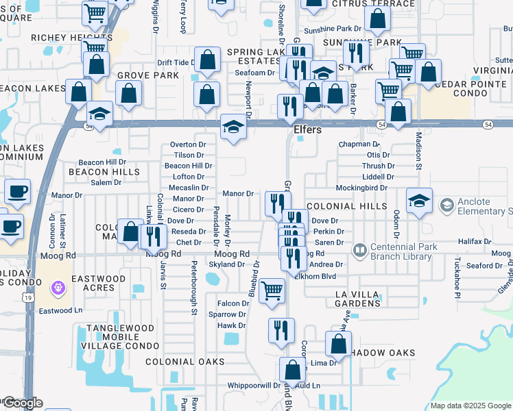 map of restaurants, bars, coffee shops, grocery stores, and more near 3618 Galway Drive in New Port Richey