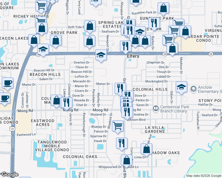 map of restaurants, bars, coffee shops, grocery stores, and more near 3645 Galway Drive in New Port Richey