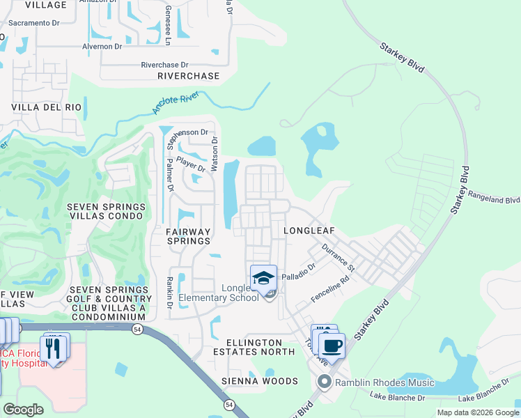 map of restaurants, bars, coffee shops, grocery stores, and more near 3629 Ferrell Street in New Port Richey