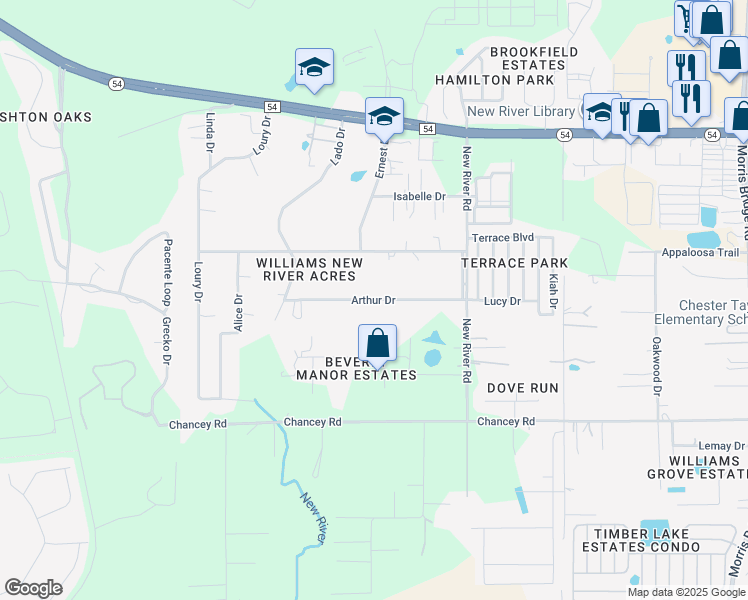 map of restaurants, bars, coffee shops, grocery stores, and more near 33516 Arthur Drive in Wesley Chapel
