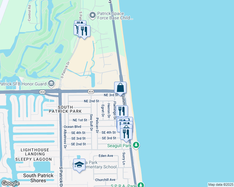 map of restaurants, bars, coffee shops, grocery stores, and more near 106 Florida A1A in Satellite Beach