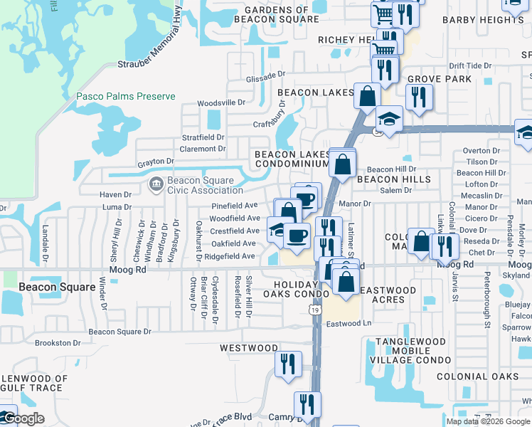 map of restaurants, bars, coffee shops, grocery stores, and more near 4310 Woodfield Avenue in Holiday