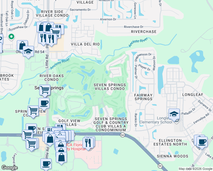 map of restaurants, bars, coffee shops, grocery stores, and more near 3641 Trophy Boulevard in New Port Richey