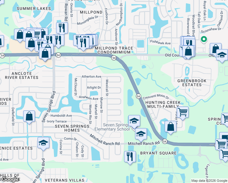 map of restaurants, bars, coffee shops, grocery stores, and more near 7838 Avenal Loop in New Port Richey