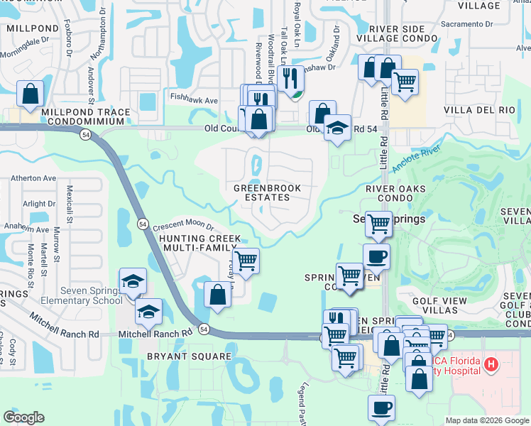 map of restaurants, bars, coffee shops, grocery stores, and more near 3655 Erin Brook Drive in New Port Richey