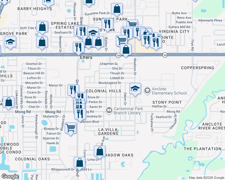 map of restaurants, bars, coffee shops, grocery stores, and more near 3625 Blackhawk Drive in New Port Richey