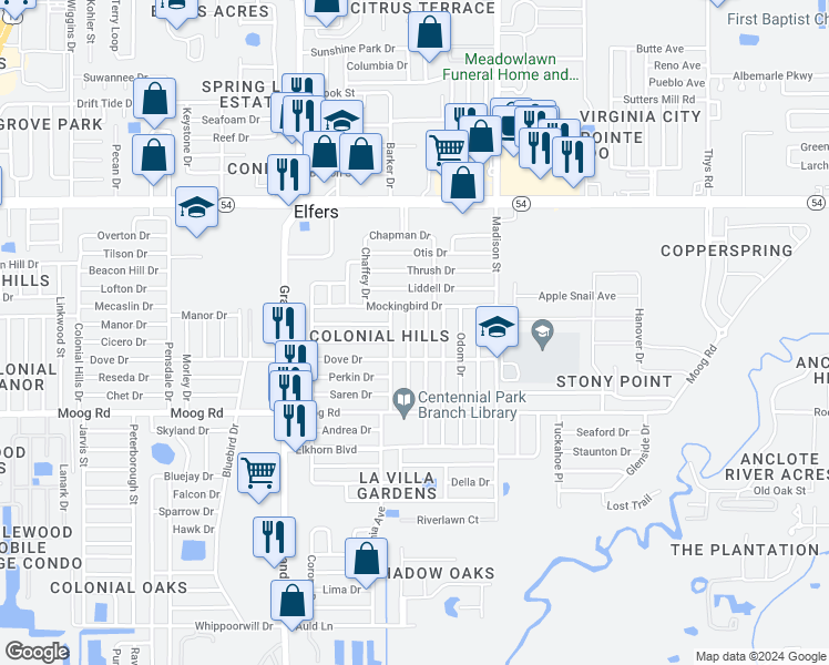 map of restaurants, bars, coffee shops, grocery stores, and more near 3648 Blackhawk Drive in New Port Richey