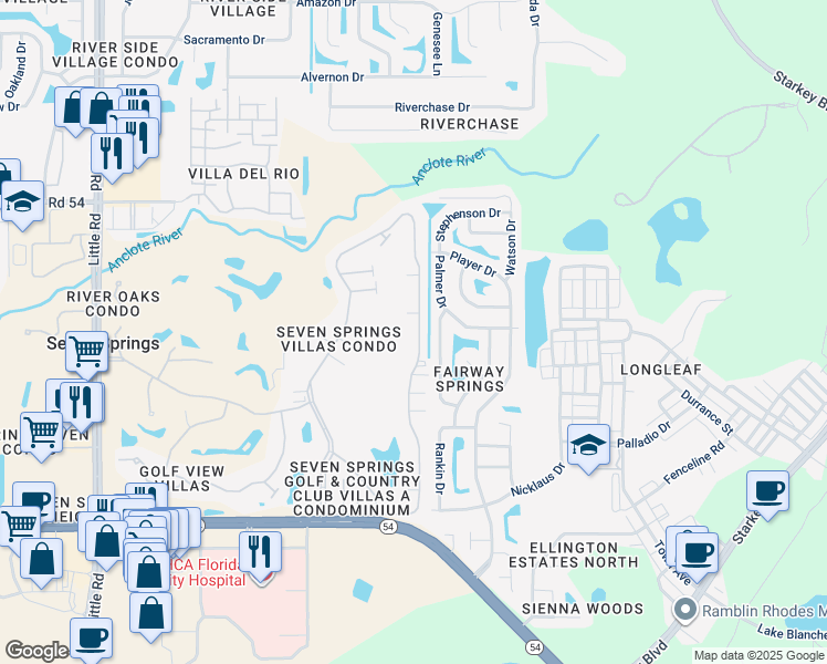 map of restaurants, bars, coffee shops, grocery stores, and more near 3629 Teeside Drive in New Port Richey