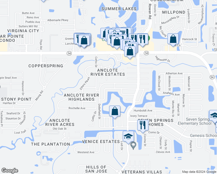 map of restaurants, bars, coffee shops, grocery stores, and more near 7103 Daggett Terrace in New Port Richey