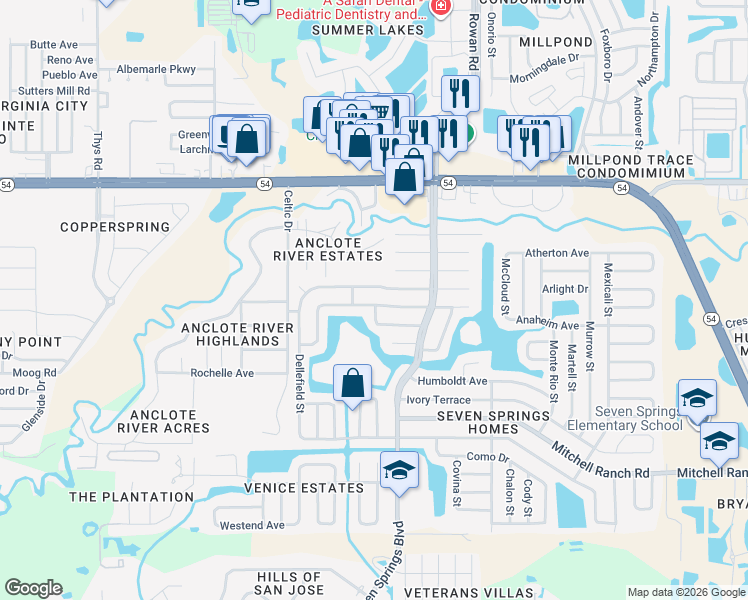 map of restaurants, bars, coffee shops, grocery stores, and more near 7221 Exemplar Drive in New Port Richey
