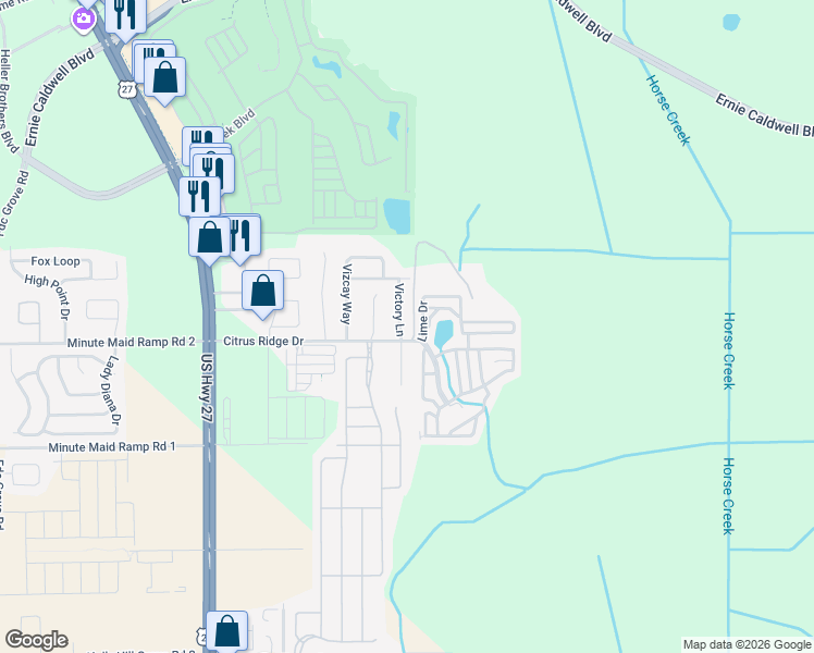 map of restaurants, bars, coffee shops, grocery stores, and more near 1 Citrus Ridge Drive in Davenport