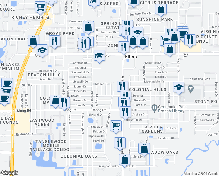 map of restaurants, bars, coffee shops, grocery stores, and more near 3651 Galway Drive in New Port Richey