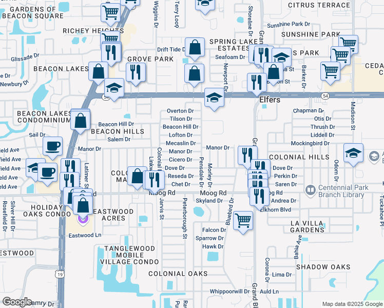 map of restaurants, bars, coffee shops, grocery stores, and more near 5120 Cicero Drive in New Port Richey
