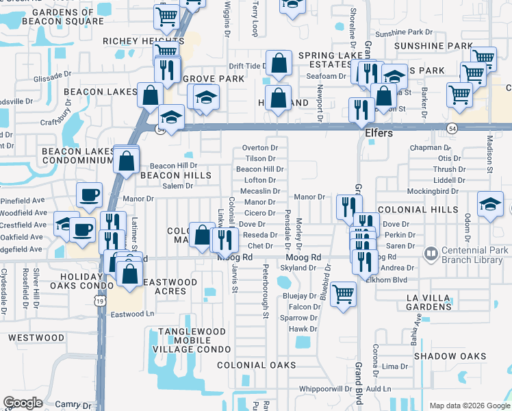map of restaurants, bars, coffee shops, grocery stores, and more near 5120 Cicero Drive in New Port Richey