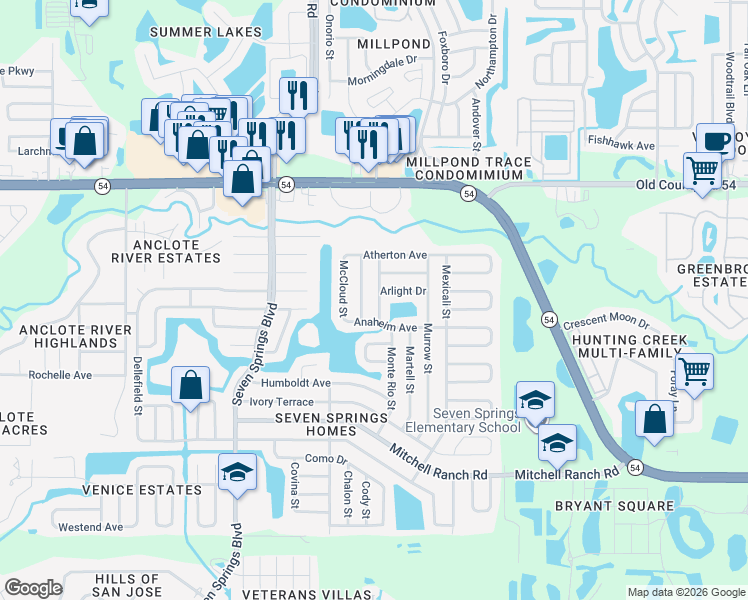 map of restaurants, bars, coffee shops, grocery stores, and more near 3631 Mendocino Street in New Port Richey