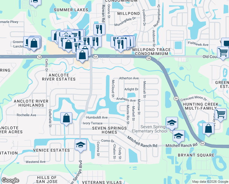 map of restaurants, bars, coffee shops, grocery stores, and more near 3700 McCloud Street in New Port Richey