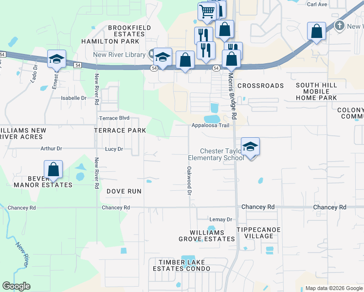 map of restaurants, bars, coffee shops, grocery stores, and more near 3737 Oakwood Drive in Zephyrhills
