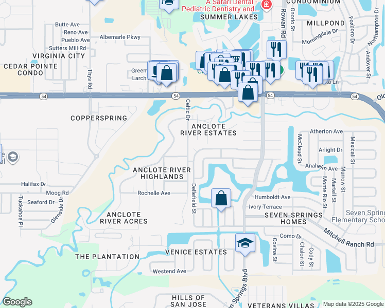 map of restaurants, bars, coffee shops, grocery stores, and more near 3655 Dellefield Street in New Port Richey