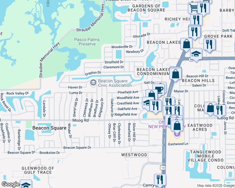 map of restaurants, bars, coffee shops, grocery stores, and more near 4116 Pinefield Avenue in Holiday