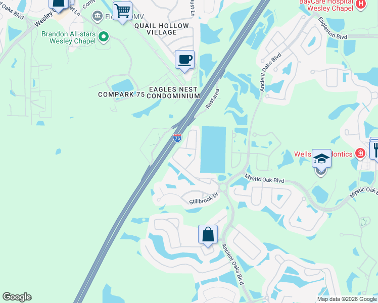 map of restaurants, bars, coffee shops, grocery stores, and more near 26719 Juniper Bay Drive in Wesley Chapel