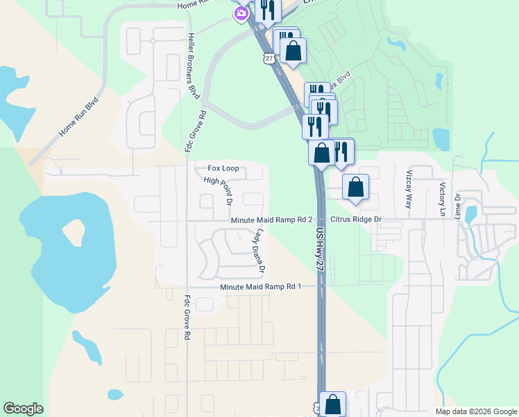 map of restaurants, bars, coffee shops, grocery stores, and more near 100 Lady Diana Drive in Davenport