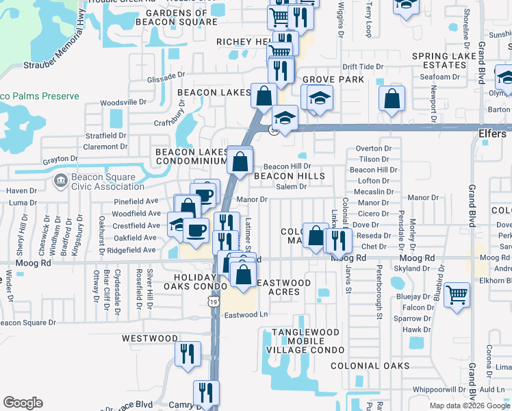 map of restaurants, bars, coffee shops, grocery stores, and more near 3701 Cantrell Street in New Port Richey
